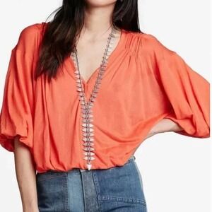 Free People Peaks Island Orange Oversized Lantern Sleeve Blouse Size SM
